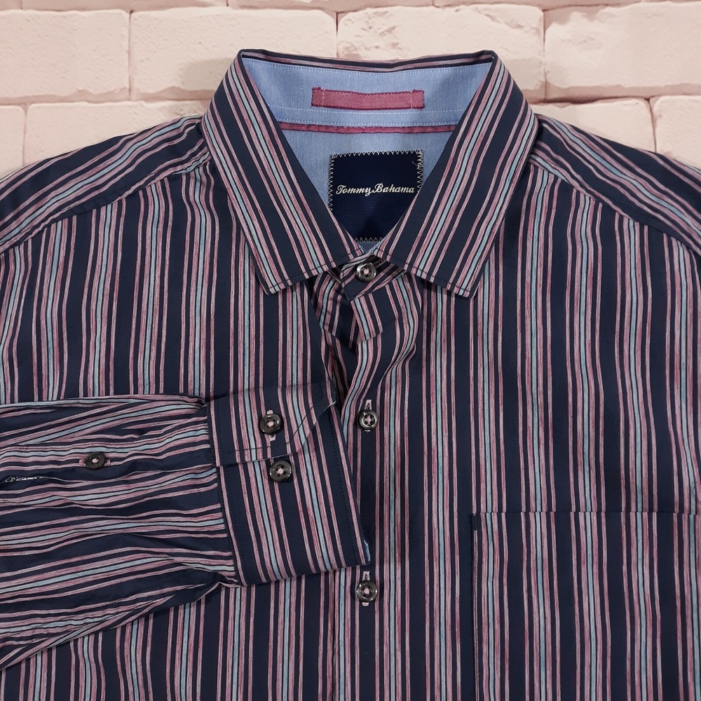 Tommy Bahama Shirt Mens Medium Navy Blue Striped Button Up Long Sleeve Cotton